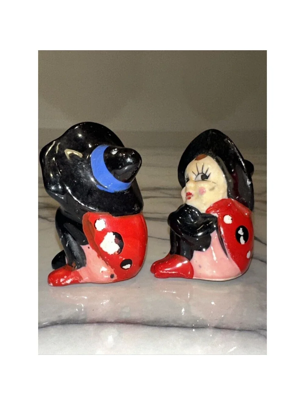 2 1950s Lady Bug Pixie Fairy Salt & Pepper Shakers Cork Stopper Madein Japan